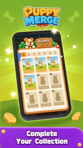 Puppy Files collection screen with cute dog cards